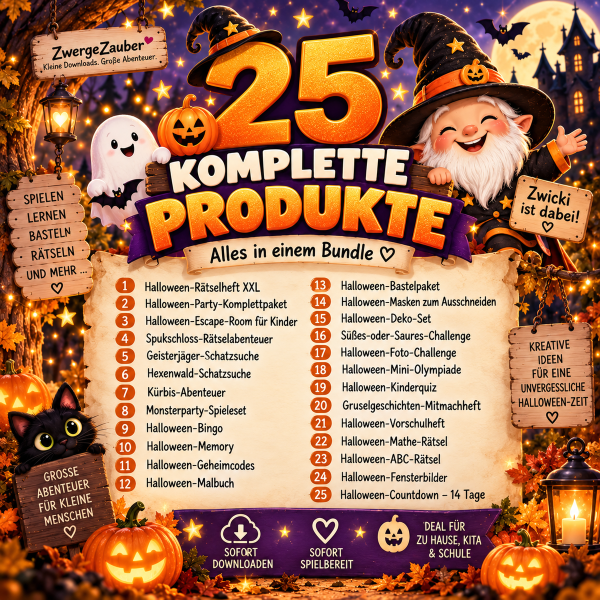 Halloween Bundle für Kinder mit 25 kompletten Produkten wie Rätselheft, Schatzsuche, Escape Room, Malbuch und Partyspielen