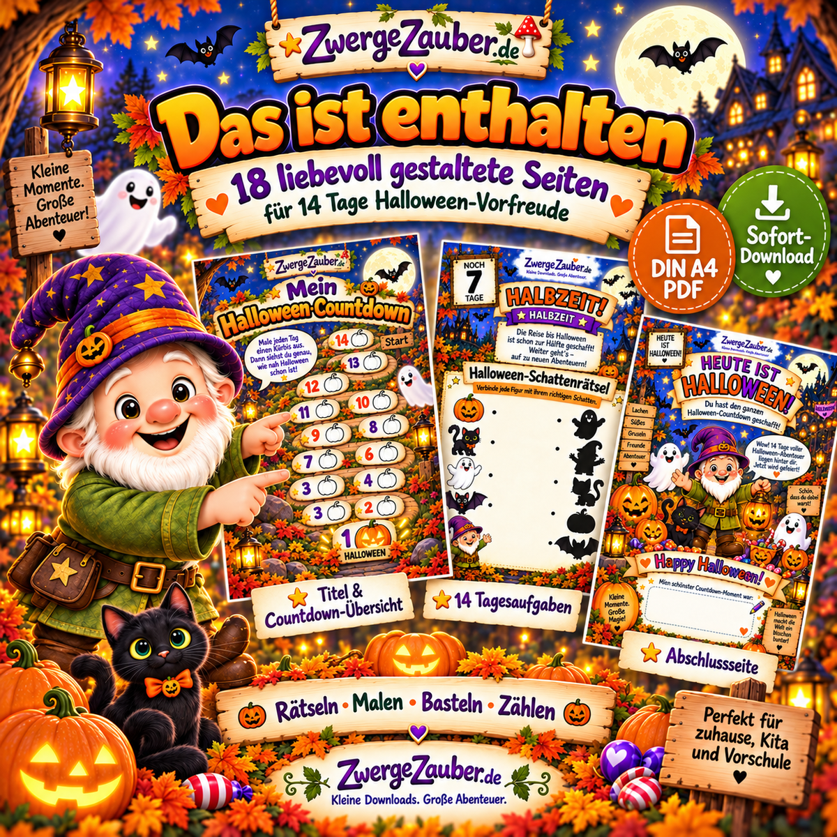 Inhalt des Halloween-Countdown PDF mit 18 liebevoll gestalteten Seiten, Countdown-Übersicht, Tagesaufgaben und Halloween-Abschlussseite.