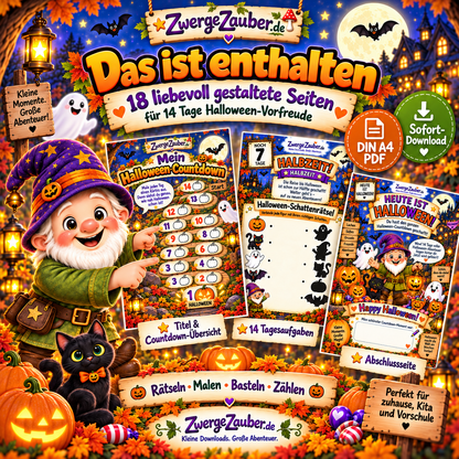 Inhalt des Halloween-Countdown PDF mit 18 liebevoll gestalteten Seiten, Countdown-Übersicht, Tagesaufgaben und Halloween-Abschlussseite.