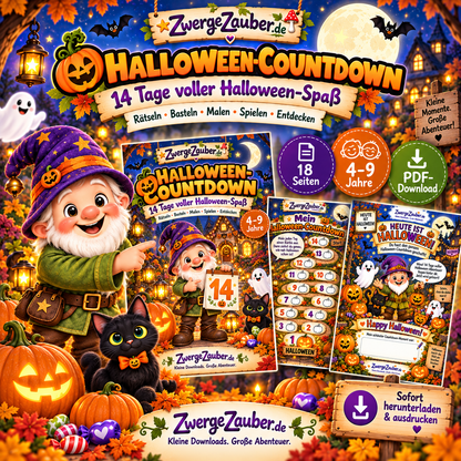 Halloween-Countdown für Kinder mit Zwicki, 14 Tage Halloween-Vorfreude, Rätseln, Malen, Basteln und Zählen, geeignet für Kinder von 4–9 Jahren.