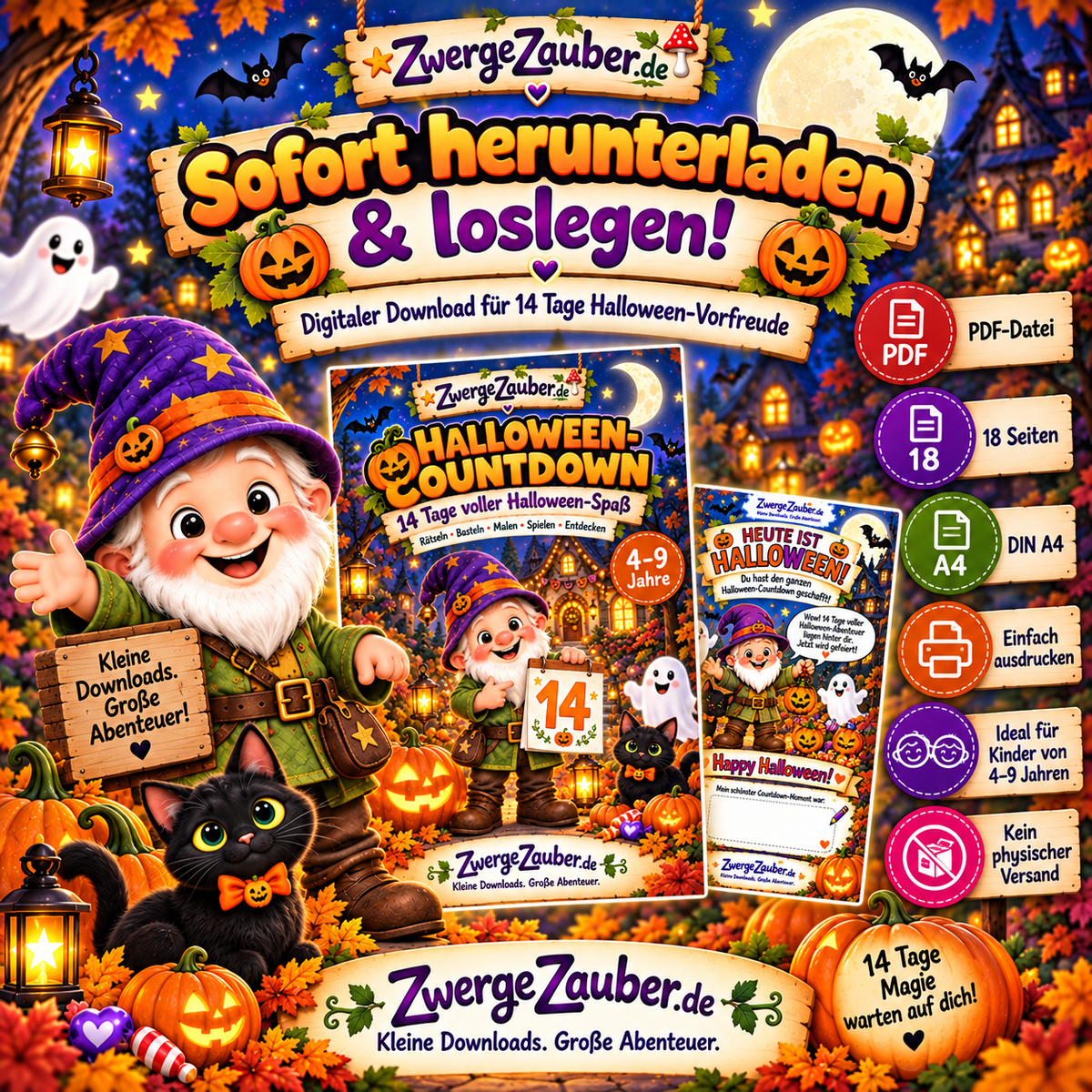 Halloween-Countdown als digitaler PDF Sofort-Download mit 18 DIN-A4-Seiten für Kinder von 4–9 Jahren zum Ausdrucken und sofort Loslegen.