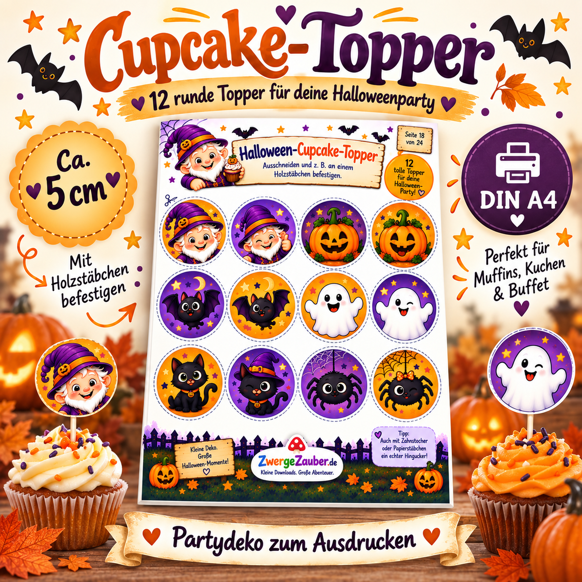 12 Halloween-Cupcake-Topper für Kinderparty zum Ausdrucken mit Kürbis, Geist, Fledermaus, Katze, Spinne und Zwicki