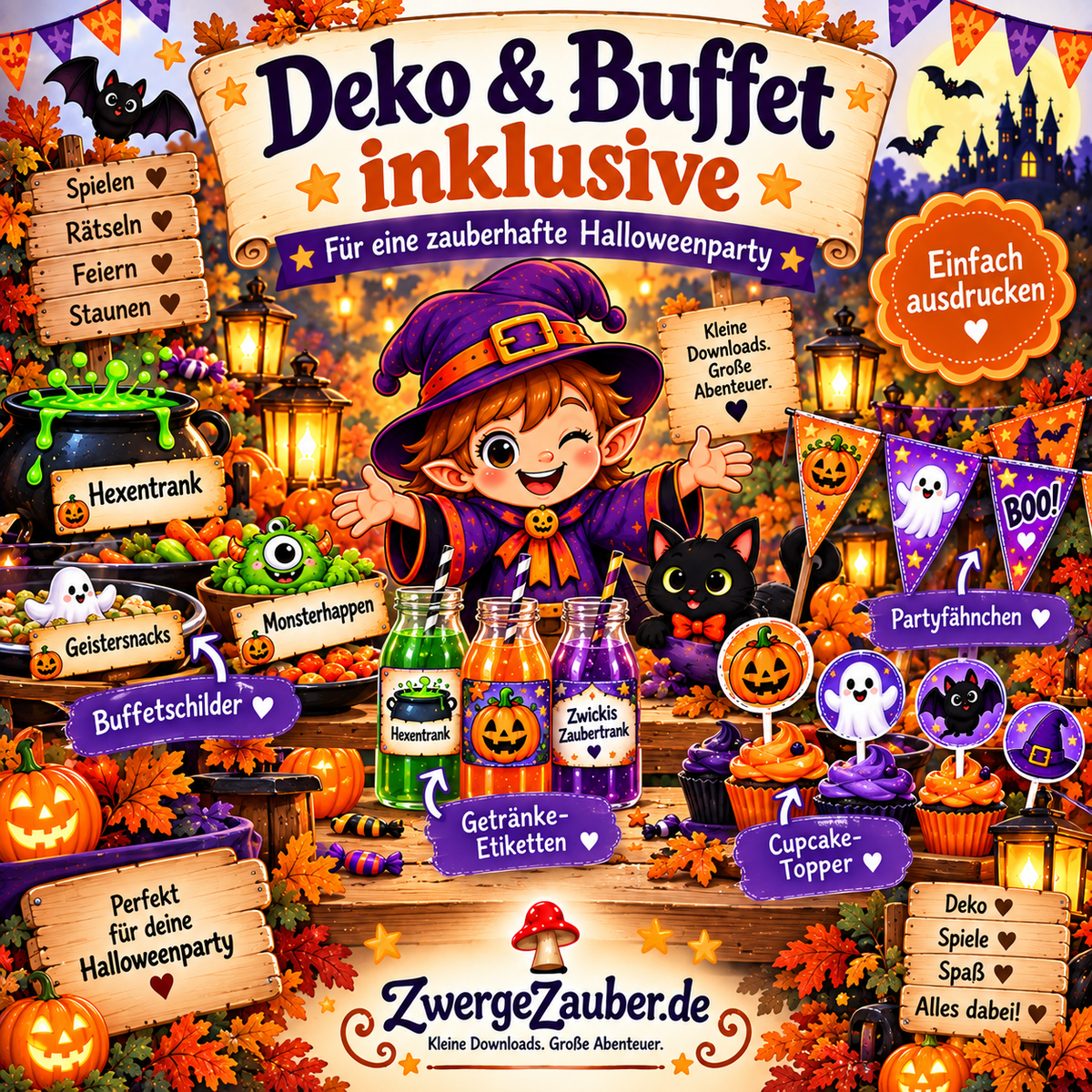 Halloween-Party-Deko und Buffet-Vorlagen mit Buffetschildern, Getränkeetiketten, Cupcake-Toppern und Partyfähnchen