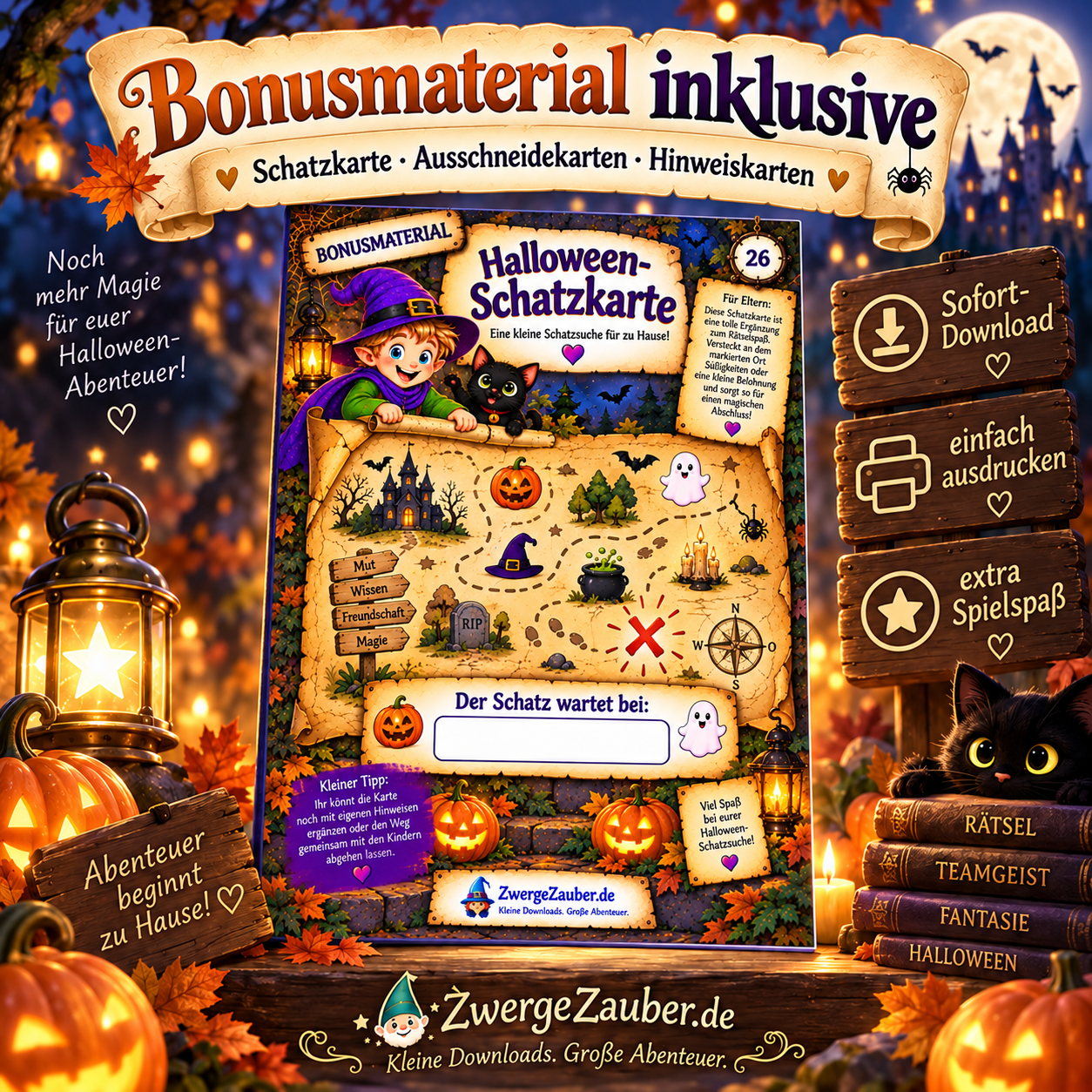 Bonusmaterial zum Halloween Escape Room mit Schatzkarte, Ausschneidekarten und Hinweiskarten für Kinder