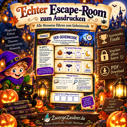 Halloween Escape Room PDF für Kinder mit Zaubersteinen, Hinweisen und spannendem vierstelligen Geheimcode-Finale