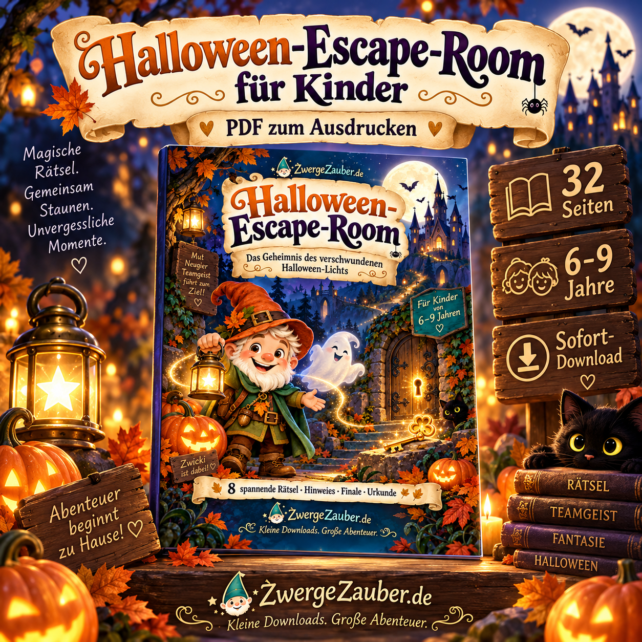 Halloween Escape Room für Kinder als 32-seitiges PDF zum Ausdrucken von ZwergeZauber für Kinder von 6 bis 9 Jahren