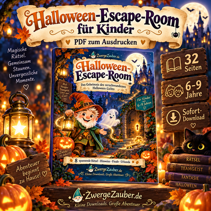 Halloween Escape Room für Kinder als 32-seitiges PDF zum Ausdrucken von ZwergeZauber für Kinder von 6 bis 9 Jahren