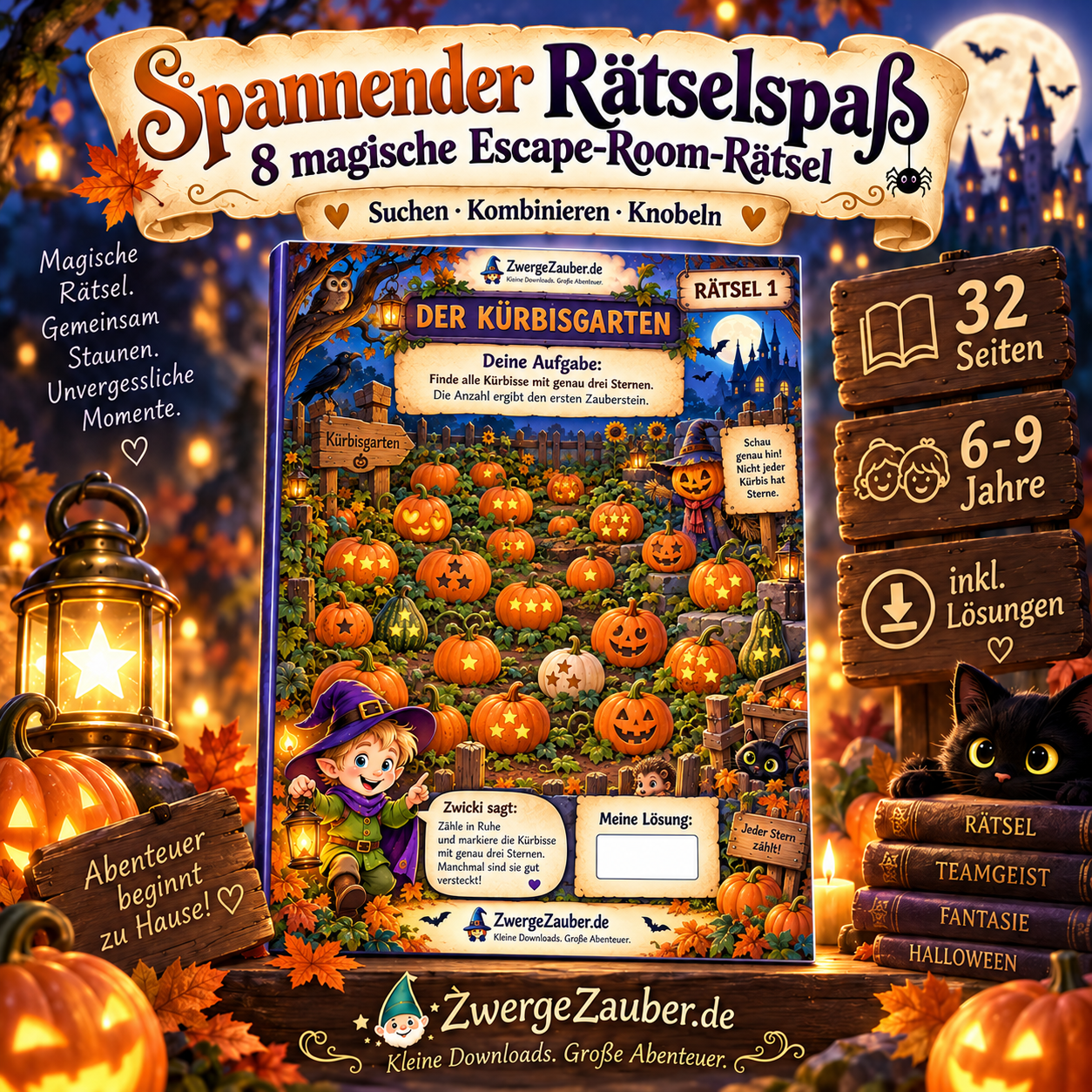 Halloween Escape Room Rätsel für Kinder von 6 bis 9 Jahren mit Kürbisgarten, 8 Rätselstationen und Lösungen