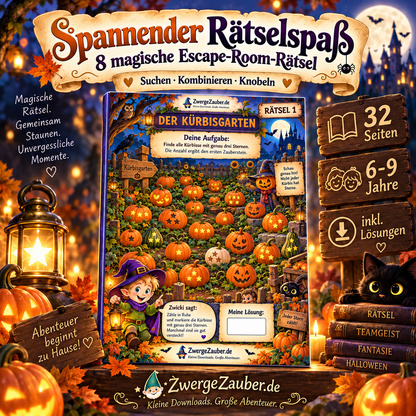 Halloween Escape Room Rätsel für Kinder von 6 bis 9 Jahren mit Kürbisgarten, 8 Rätselstationen und Lösungen