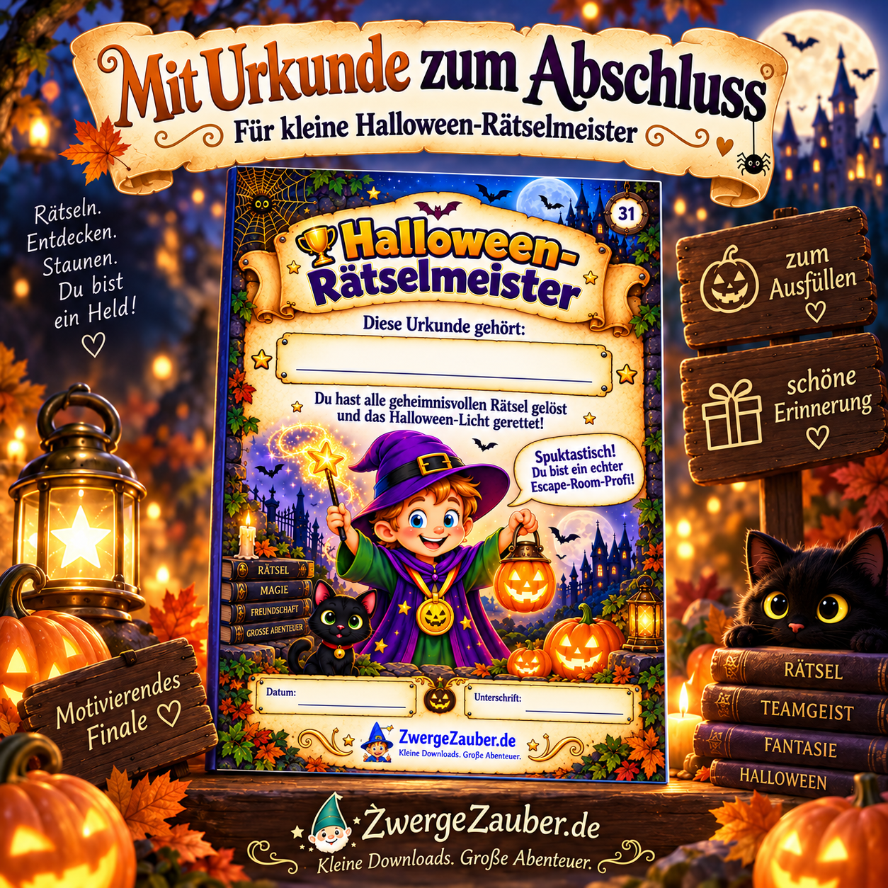 Halloween Rätselmeister Urkunde zum Ausfüllen als Abschluss des Escape Rooms für Kinder von ZwergeZauber