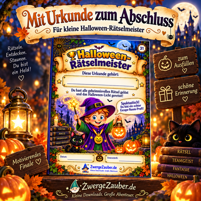 Halloween Rätselmeister Urkunde zum Ausfüllen als Abschluss des Escape Rooms für Kinder von ZwergeZauber