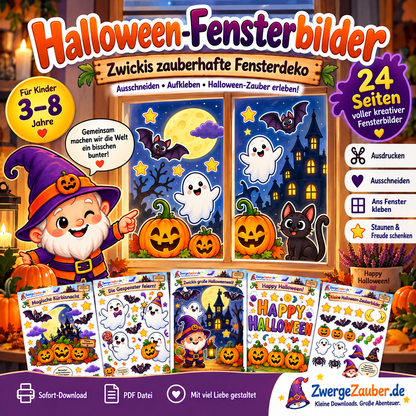 Halloween-Fensterbilder für Kinder von 4 bis 8 Jahren – 24 Seiten mit Zwicki, Kürbissen, Gespenstern und Fledermäusen zum Ausschneiden und Dekorieren.