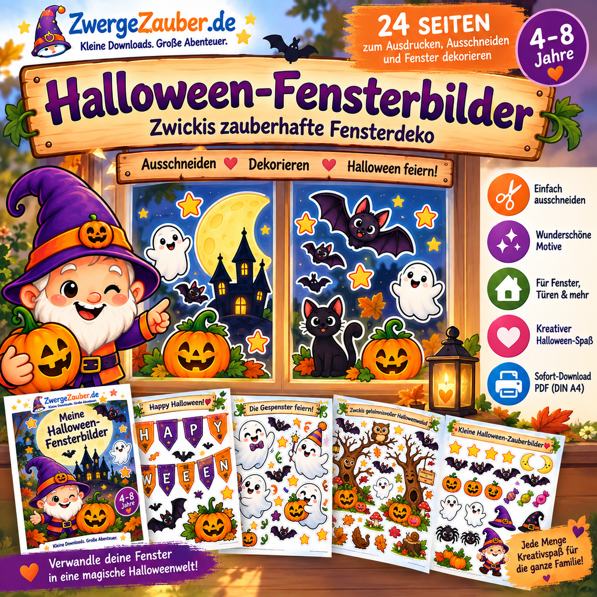 Halloween-Fensterbilder zum Ausdrucken für Zuhause, Kita und Schule – kreative Fensterdeko mit 24 liebevoll gestalteten Seiten.