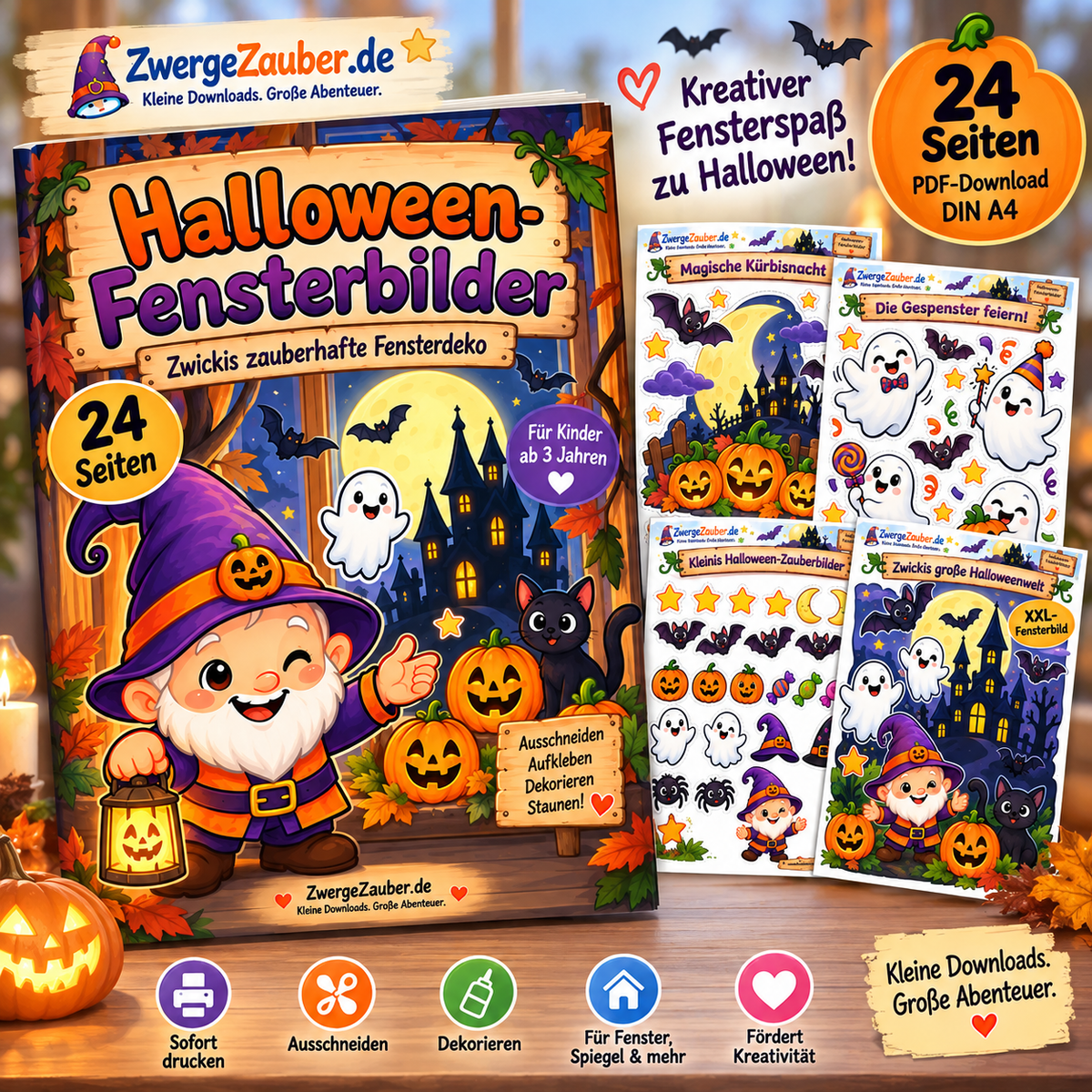 Halloween-Fensterbilder mit Kürbissen, Gespenstern, Fledermäusen, Mond, Sternen und Zwicki als kinderfreundlicher PDF-Download.