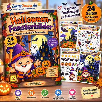 Halloween-Fensterbilder mit Kürbissen, Gespenstern, Fledermäusen, Mond, Sternen und Zwicki als kinderfreundlicher PDF-Download.