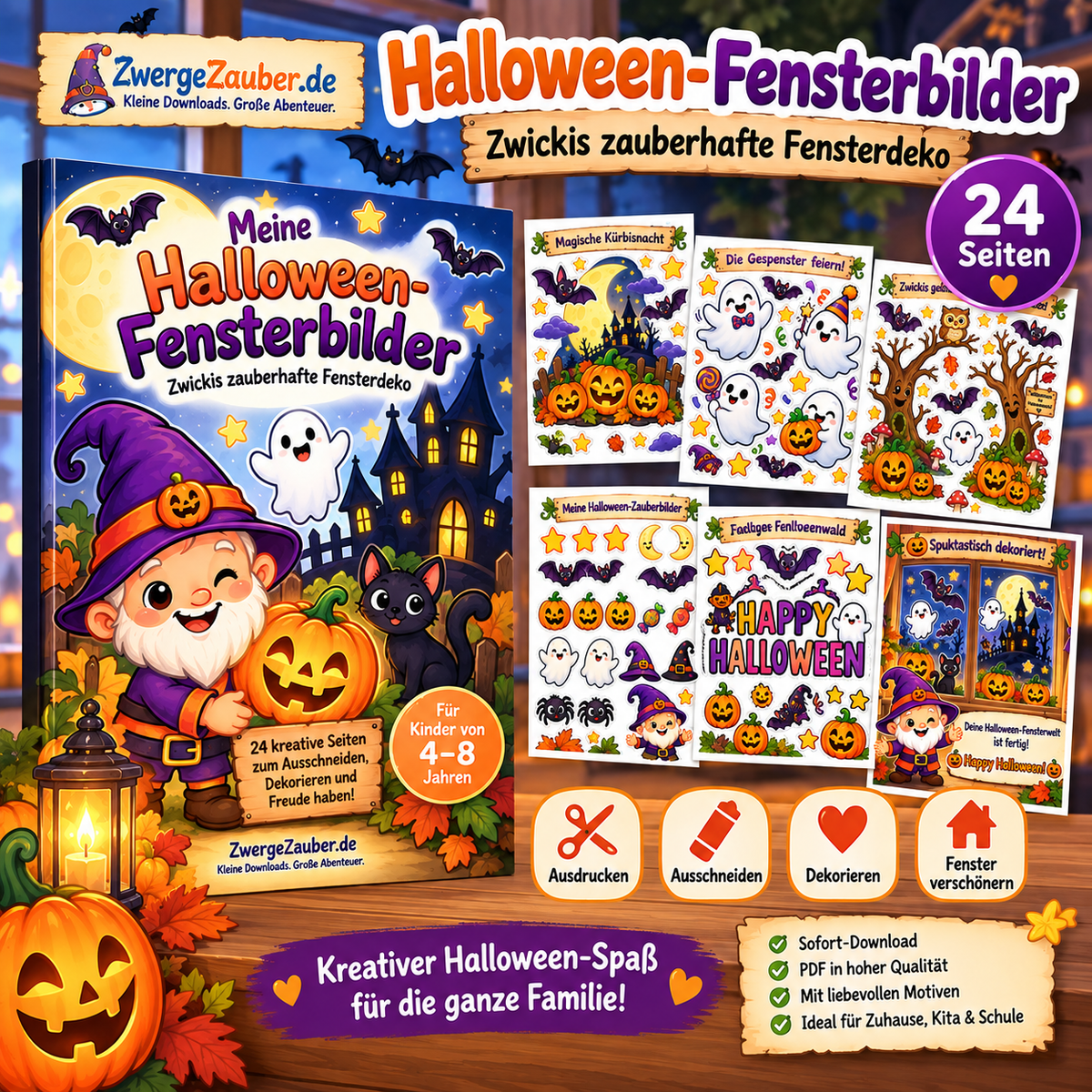Digitales Halloween-Fensterbilder PDF von ZwergeZauber mit 24 DIN-A4-Seiten zum Ausdrucken, Ausschneiden und Dekorieren für Kinder.