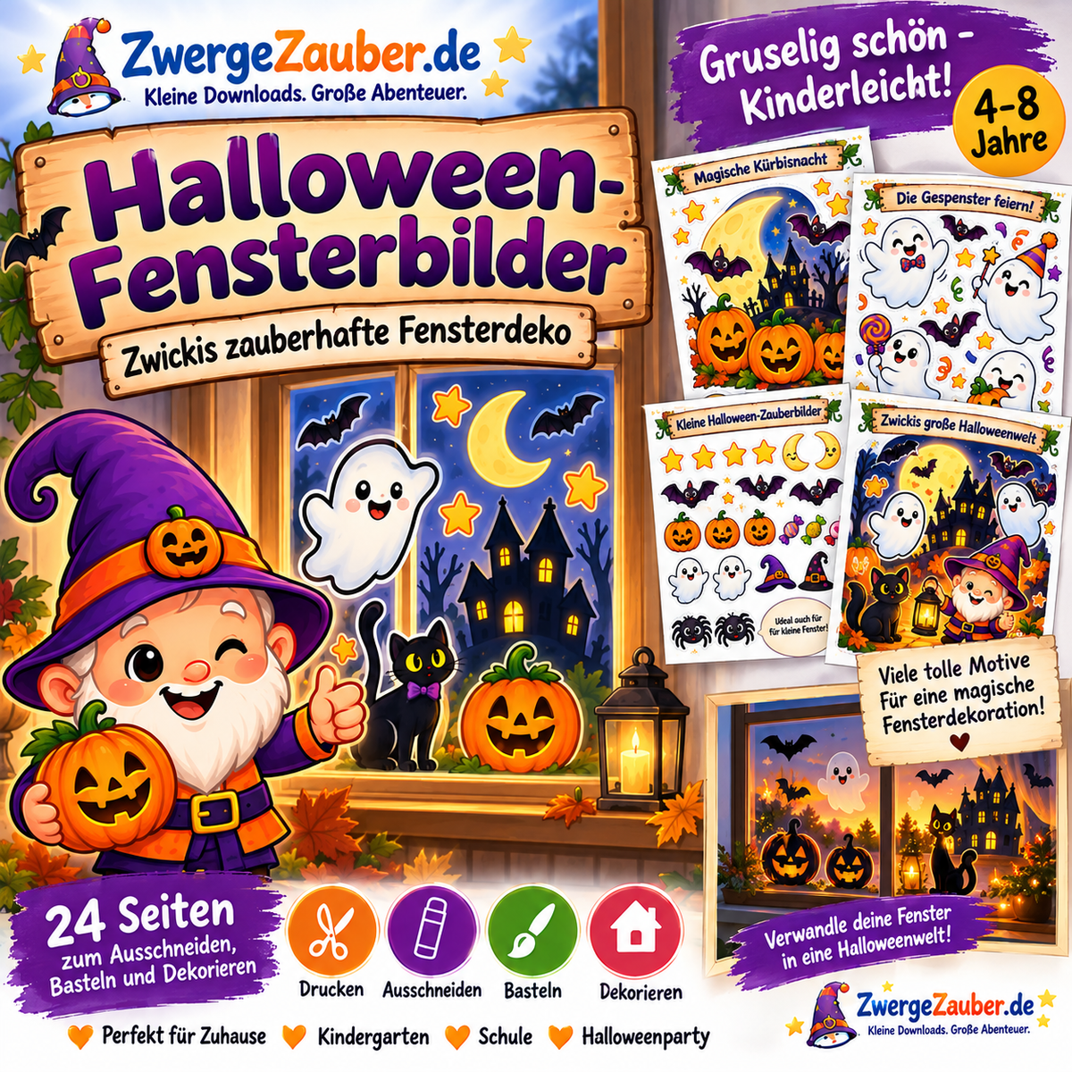 XXL Halloween-Fensterdeko von ZwergeZauber mit Zwicki, Spukhaus, Kürbissen, Gespenstern, Katze und Fledermäusen für Kinder.