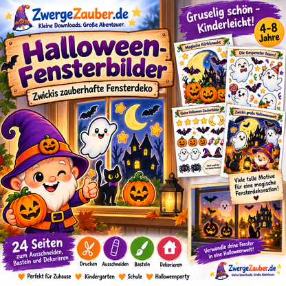 XXL Halloween-Fensterdeko von ZwergeZauber mit Zwicki, Spukhaus, Kürbissen, Gespenstern, Katze und Fledermäusen für Kinder.