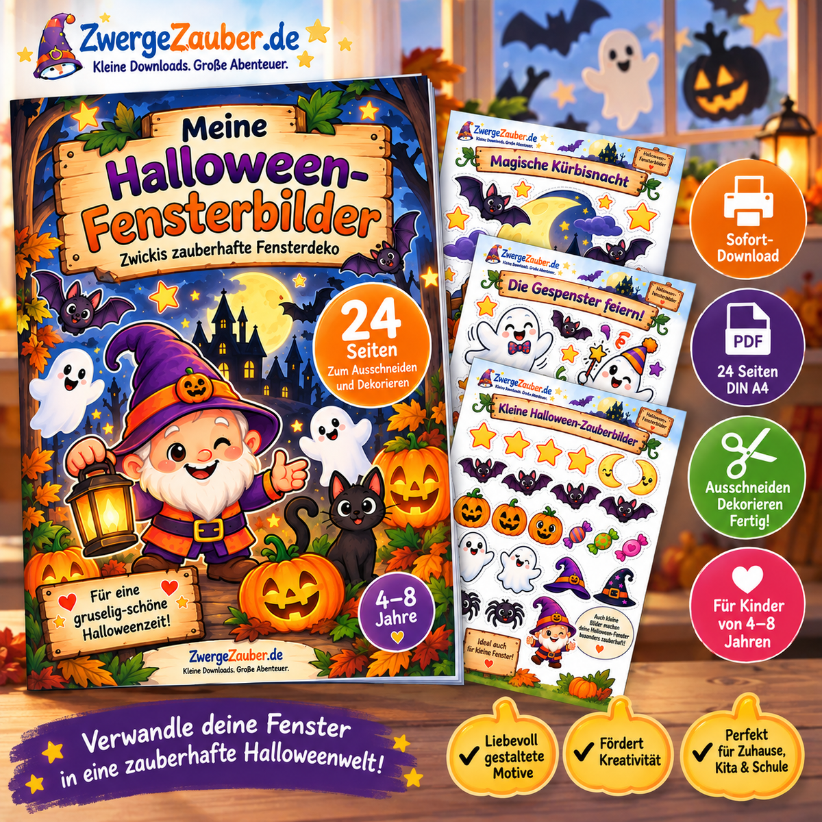 Zwickis zauberhafte Halloween-Fensterdeko für Kinder von 4 bis 8 Jahren mit freundlichen Kürbissen, Gespenstern, Katze und Fledermäusen.