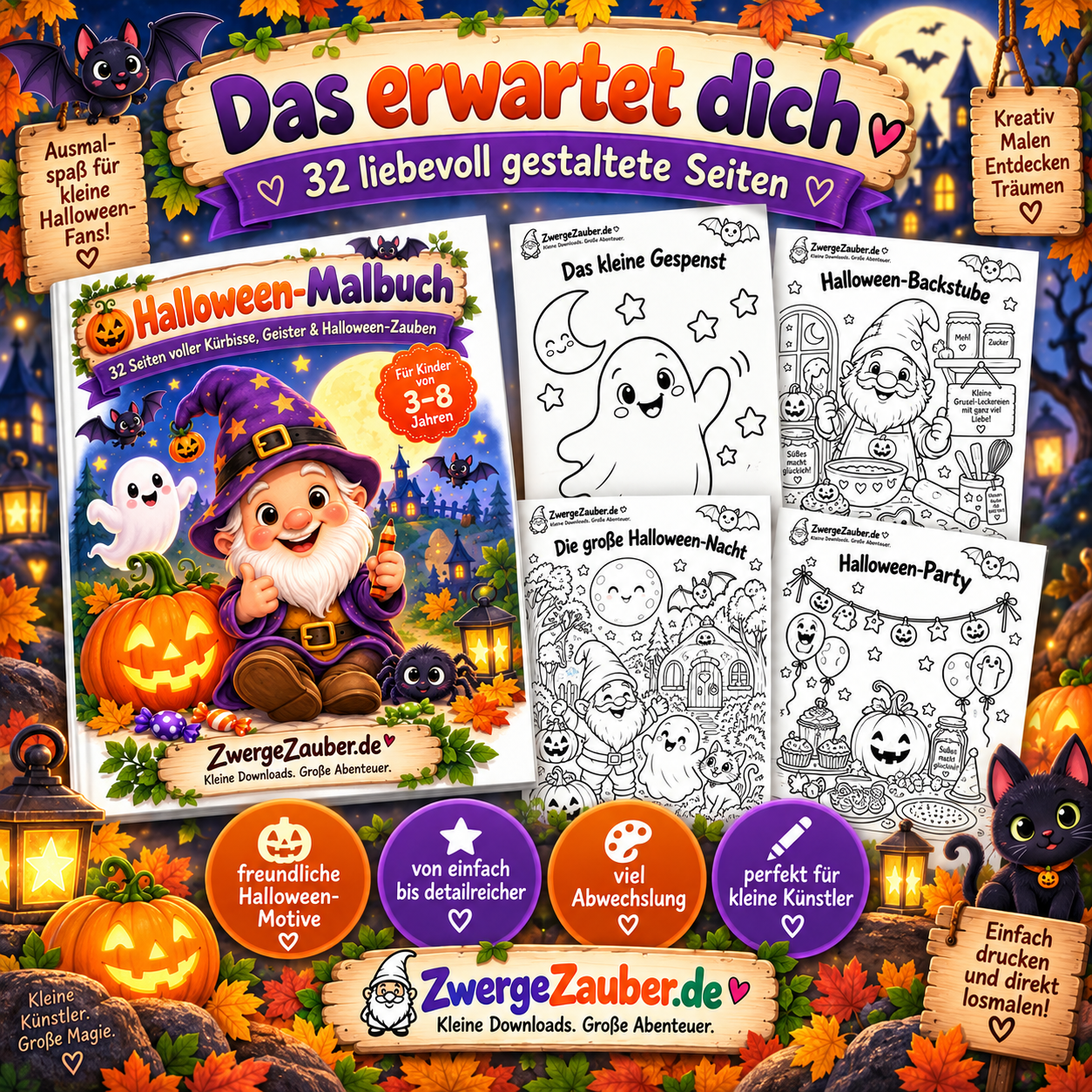 Halloween-Malbuch mit 32 liebevoll gestalteten Ausmalbildern für Kinder mit Gespenstern, Kürbissen, Halloween-Party und Zwicki