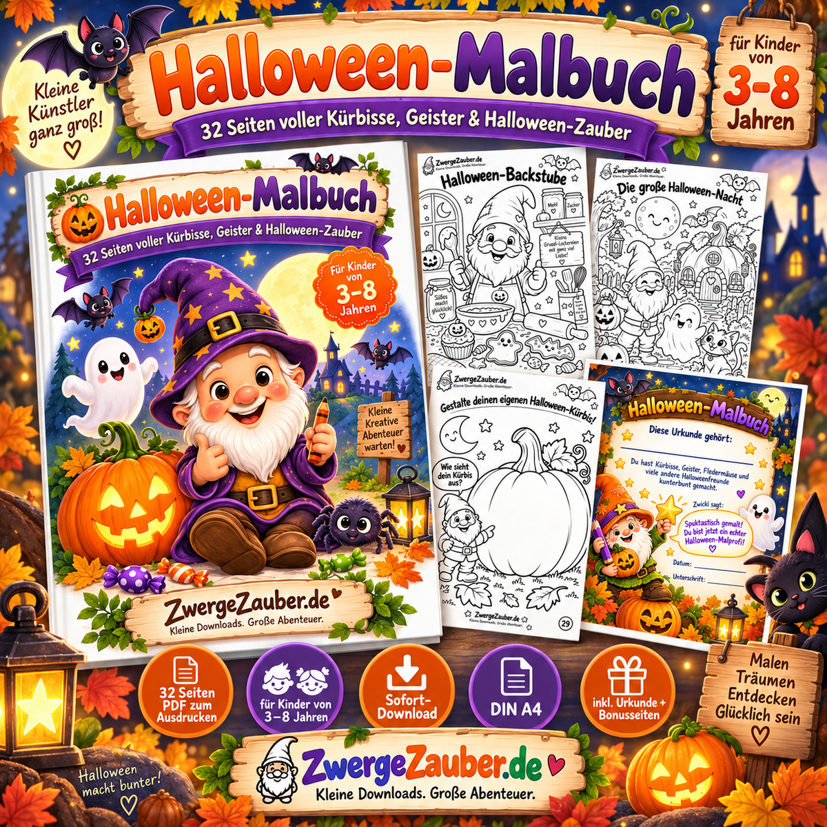 Halloween-Malbuch für Kinder von 3 bis 8 Jahren mit 32 Seiten, Kürbissen, Geistern und Zwicki als PDF zum Ausdrucken