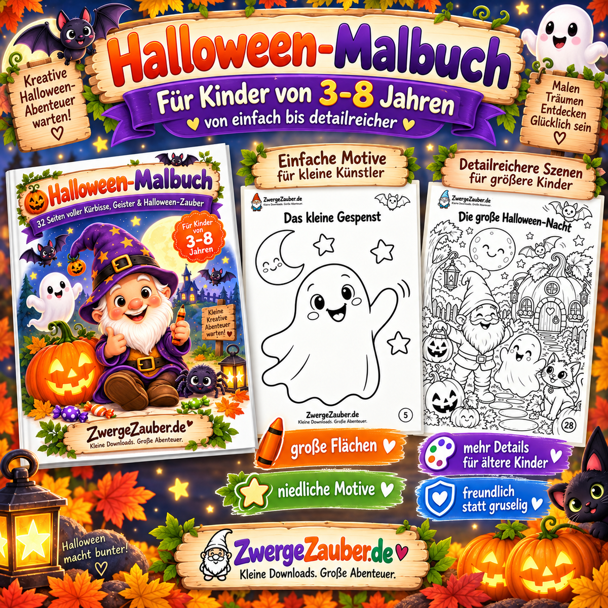 Halloween-Malbuch für Kinder von 3 bis 8 Jahren mit einfachen Ausmalmotiven und detailreicheren Halloween-Szenen