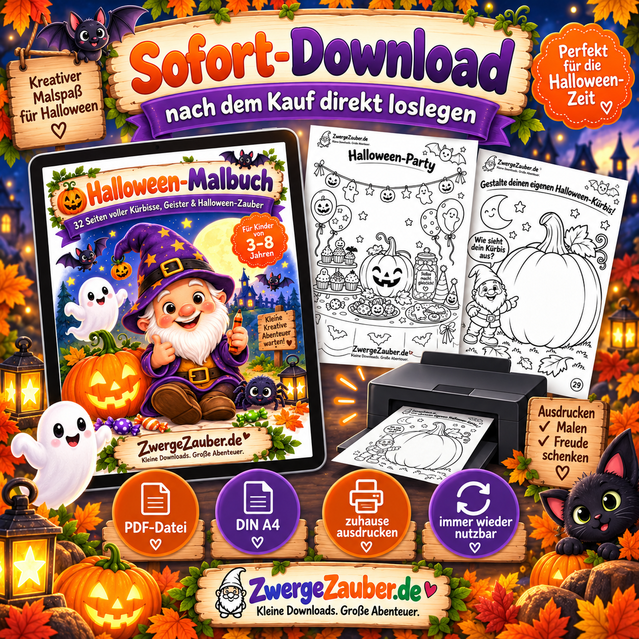Halloween-Malbuch als PDF Sofort-Download im DIN-A4-Format zum Ausdrucken und Ausmalen für Kinder