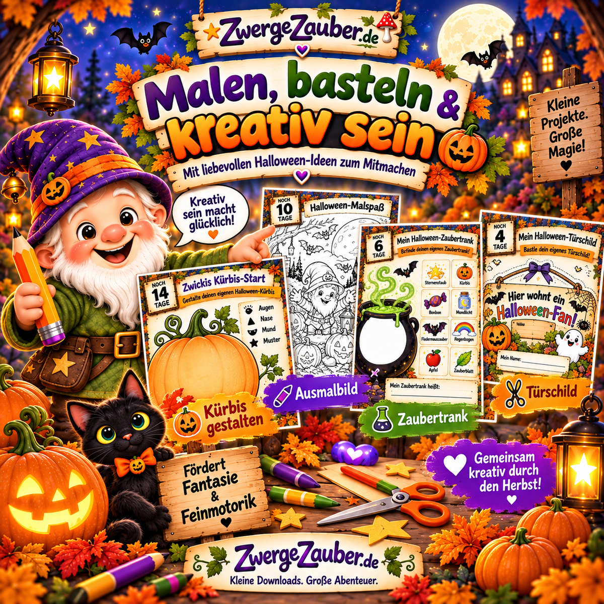 Kreative Halloween-Aktivitäten für Kinder mit Ausmalbild, Kürbis gestalten, Zaubertrank und Halloween-Türschild zum Basteln.