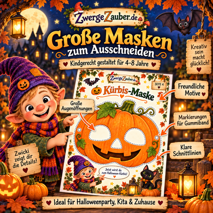 Kinderfreundliche Halloween-Maske zum Ausschneiden mit großen Augenöffnungen, Schnittlinien und Befestigung für Gummiband
