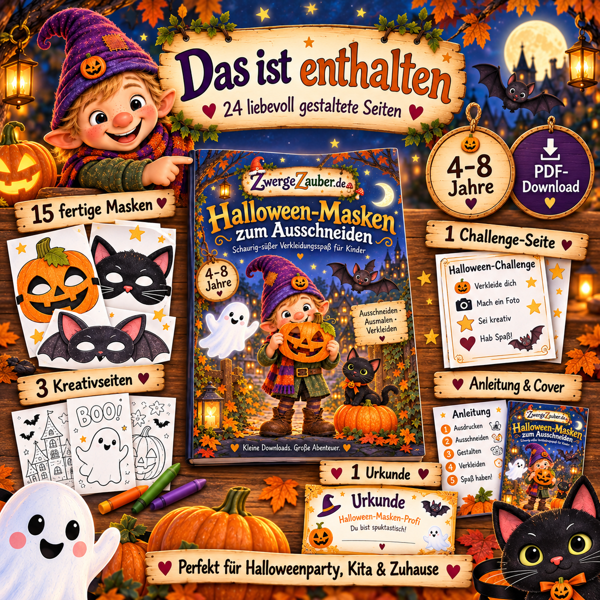 Inhalt des Halloween-Masken-Sets mit 24 Seiten, 15 Masken, Kreativseiten, Challenge und Urkunde für Kinder