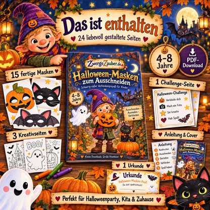 Inhalt des Halloween-Masken-Sets mit 24 Seiten, 15 Masken, Kreativseiten, Challenge und Urkunde für Kinder