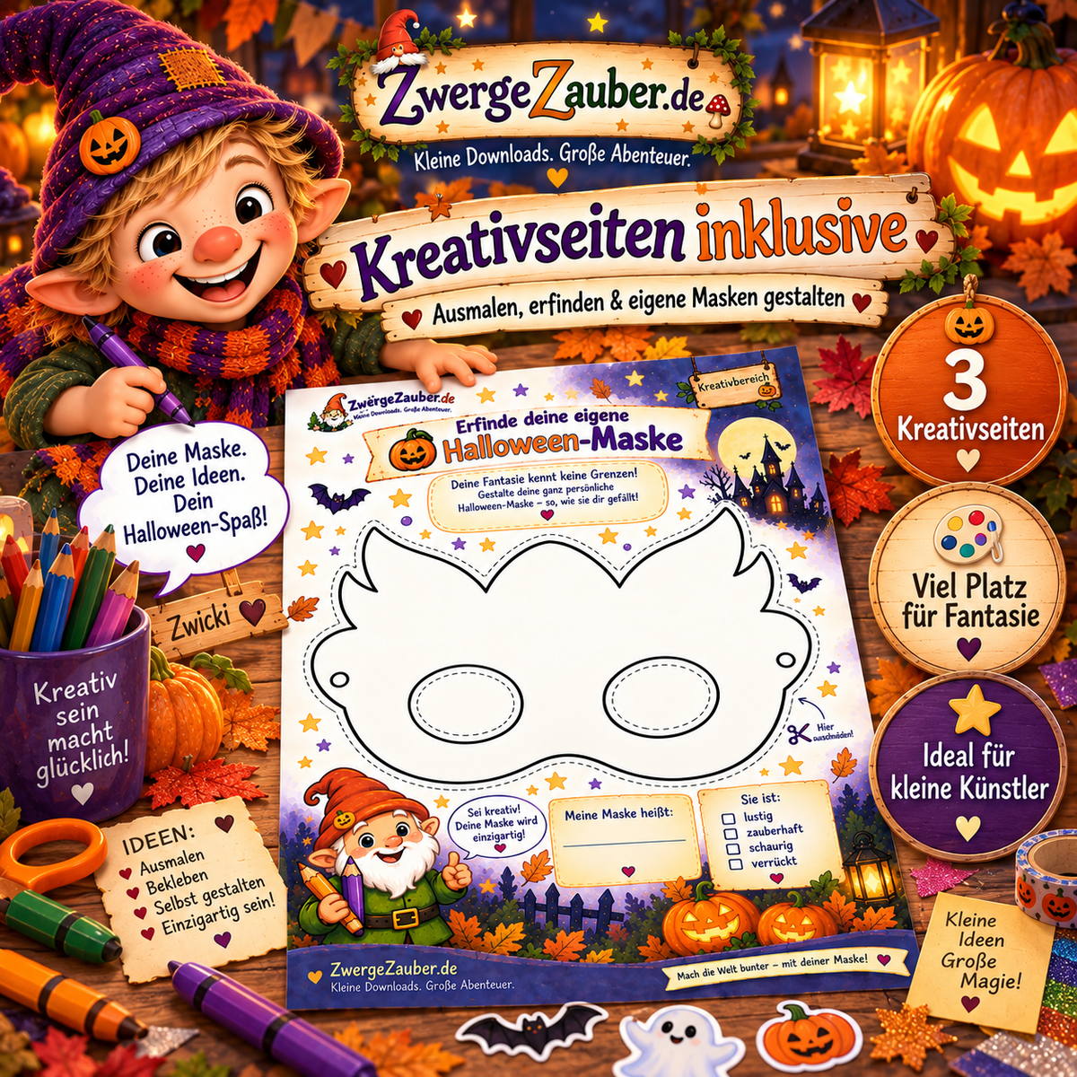 Halloween-Masken Kreativseiten zum Ausmalen und selbst Gestalten – kreative Beschäftigung für Kinder von 4 bis 8 Jahren