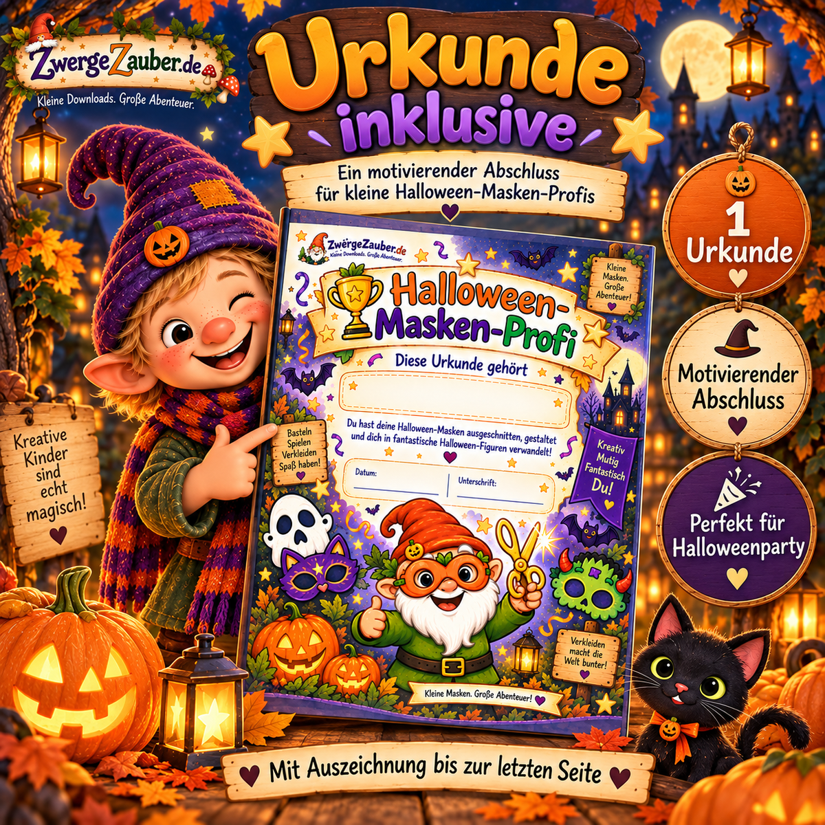 Halloween-Masken-Profi Urkunde als motivierender Abschluss des ZwergeZauber Masken-Bastelsets für Kinder
