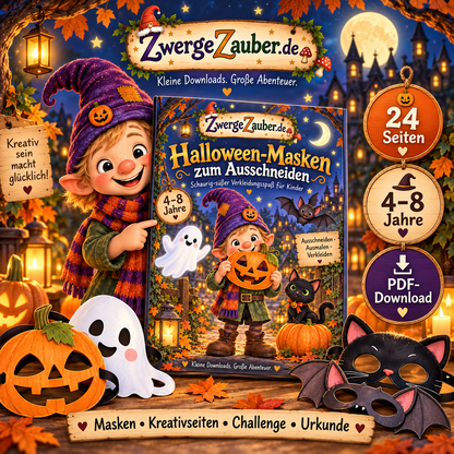 Halloween-Masken zum Ausschneiden für Kinder von 4 bis 8 Jahren – 24-seitiger PDF-Download von ZwergeZauber