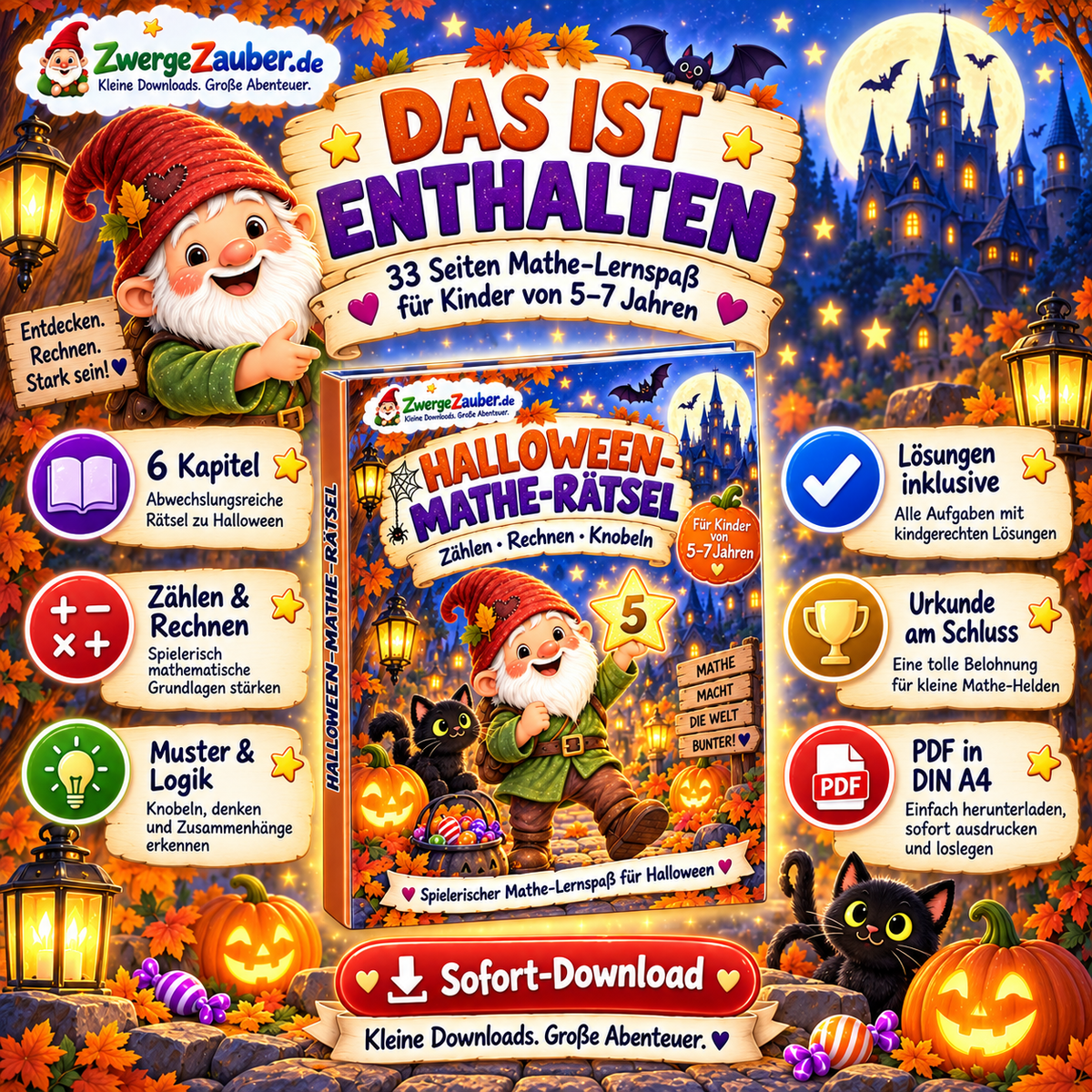 Das ist enthalten im Halloween-Mathe-Rätsel: 33 Seiten, 6 Kapitel, Zahlen und Rechnen, Muster und Logik, Lösungen und Urkunde