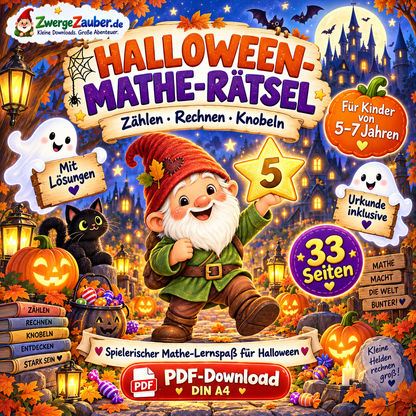 Halloween-Mathe-Rätsel für Kinder von 5–7 Jahren mit Zwicki – 33 Seiten zum Zählen, Rechnen und Knobeln als PDF-Download