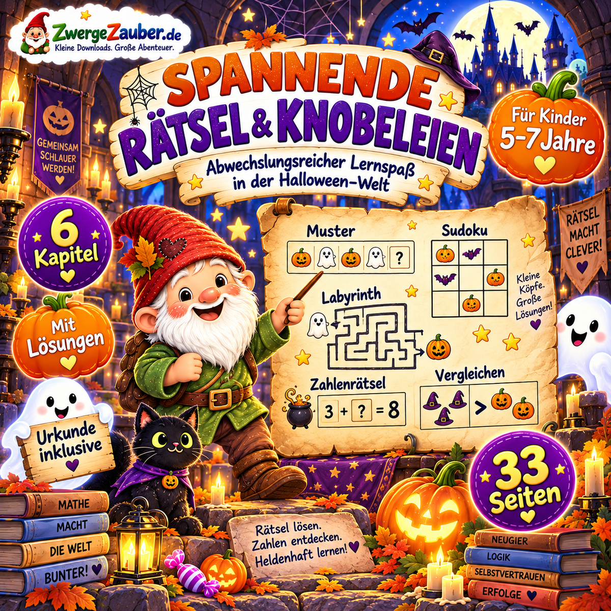 Halloween-Rätsel und Knobelaufgaben für Kinder mit Mustern, Sudoku, Zahlenrätseln, Vergleichen und Labyrinth