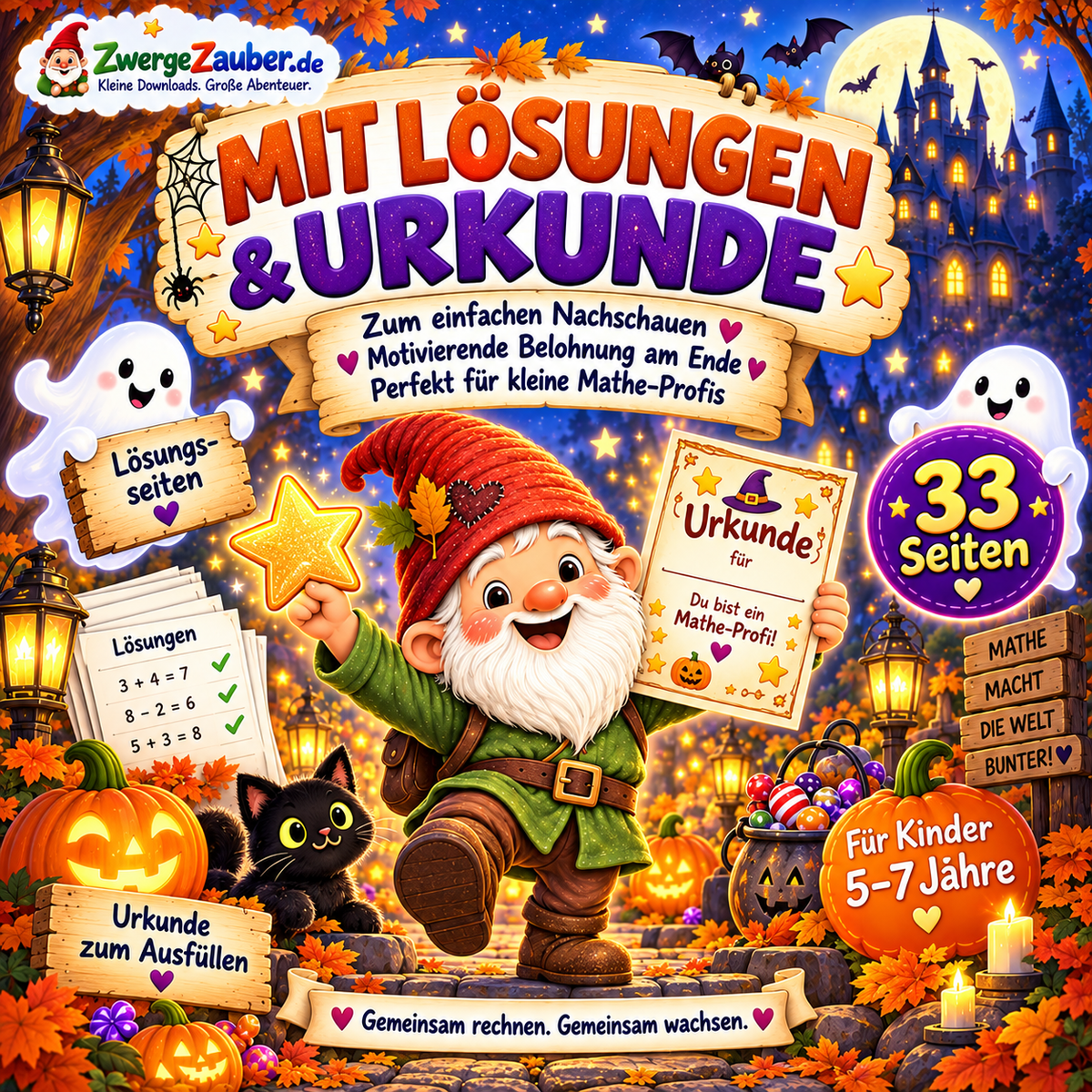 Halloween-Mathe-Rätsel mit Lösungsseiten und Urkunde als Belohnung für kleine Mathe-Meister von 5–7 Jahren