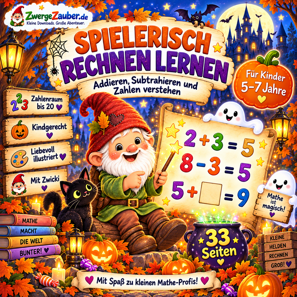 Spielerisch rechnen lernen mit Zwicki – Halloween-Mathe-Rätsel mit Addition, Subtraktion und fehlenden Zahlen für Kinder