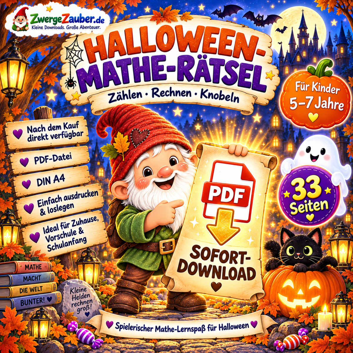 Halloween-Mathe-Rätsel als sofort verfügbarer PDF-Download im DIN-A4-Format zum Ausdrucken für Kinder von 5–7 Jahren