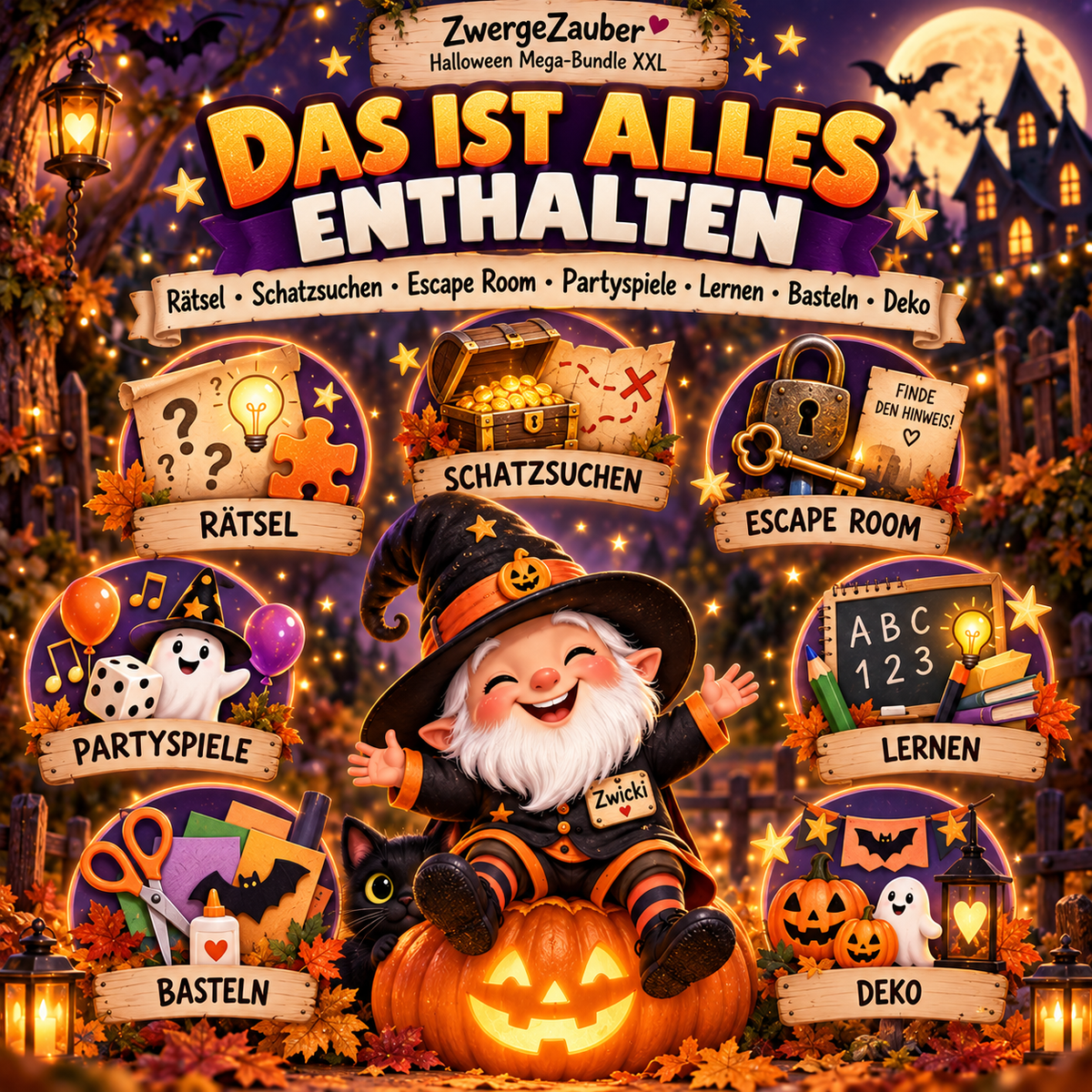 Inhalt des Halloween Mega-Bundles mit Rätseln, Schatzsuchen, Escape Room, Partyspielen, Lernen, Basteln und Deko