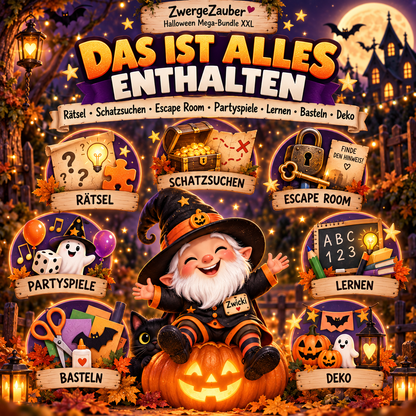Inhalt des Halloween Mega-Bundles mit Rätseln, Schatzsuchen, Escape Room, Partyspielen, Lernen, Basteln und Deko