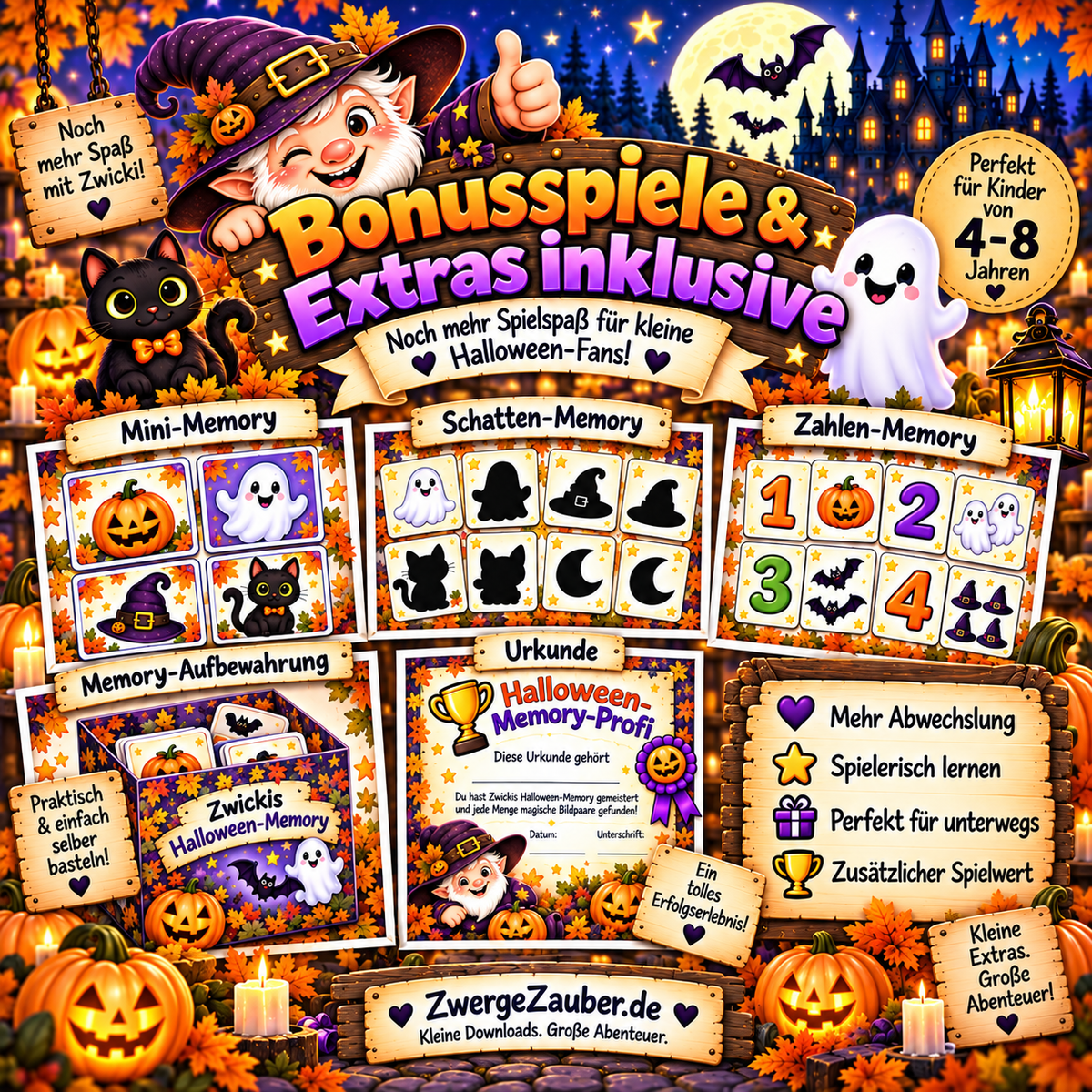 Halloween-Memory Bonusspiele mit Mini-Memory, Schatten-Memory, Zahlen-Memory, Aufbewahrungsbox und Urkunde