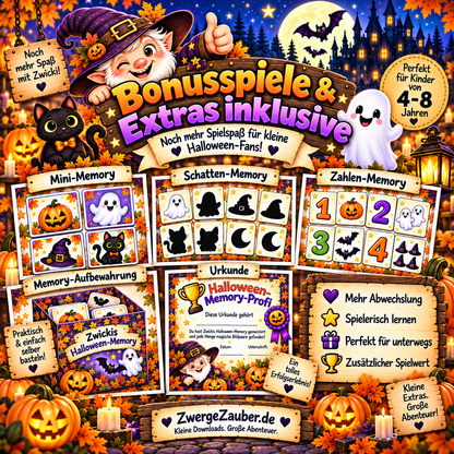 Halloween-Memory Bonusspiele mit Mini-Memory, Schatten-Memory, Zahlen-Memory, Aufbewahrungsbox und Urkunde