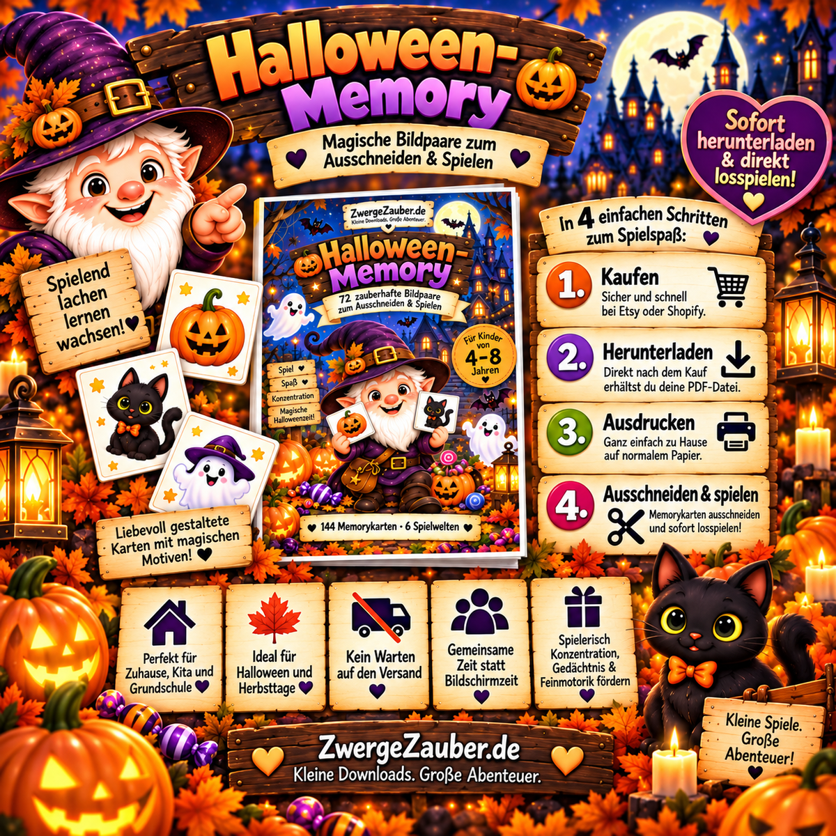Digitales Halloween-Memory als PDF zum Herunterladen, Ausdrucken, Ausschneiden und sofort Spielen