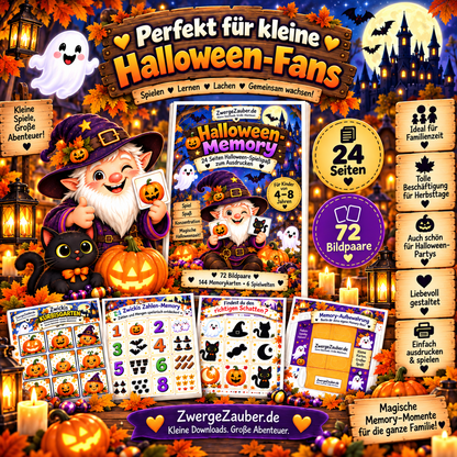 Halloween-Memory Spiel für Kinder von 4–8 Jahren zum Ausdrucken für Familie, Kita, Vorschule und Halloween-Party