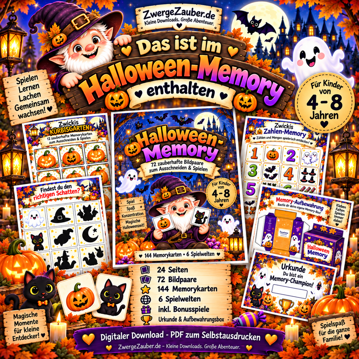 Inhalt des Halloween-Memory mit 72 Bildpaaren, 144 Memorykarten, 6 Spielwelten, Bonusspielen und Urkunde
