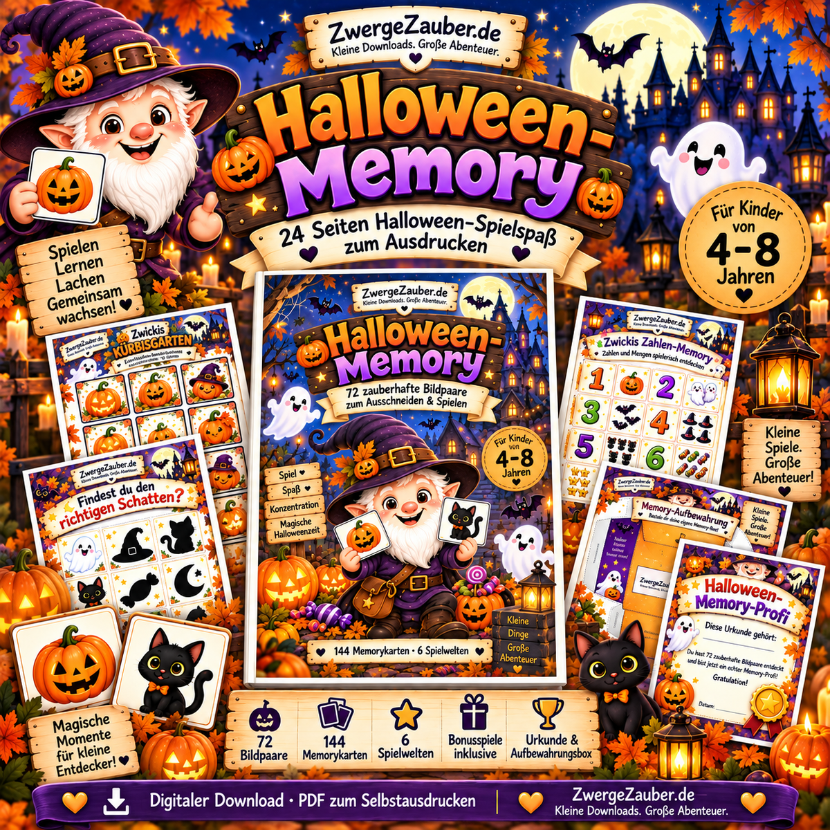 Halloween-Memory für Kinder von 4–8 Jahren mit 24 Seiten, 72 Bildpaaren und 144 Memorykarten von ZwergeZauber