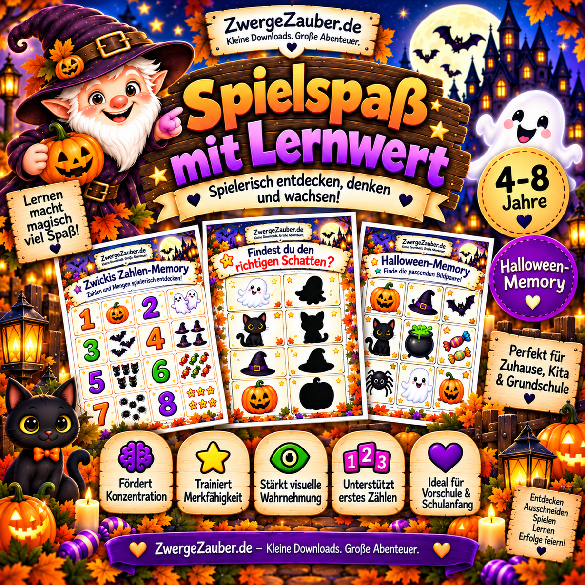 Halloween-Lernspiel für Kinder zur Förderung von Konzentration, Merkfähigkeit, visueller Wahrnehmung und erstem Zählen
