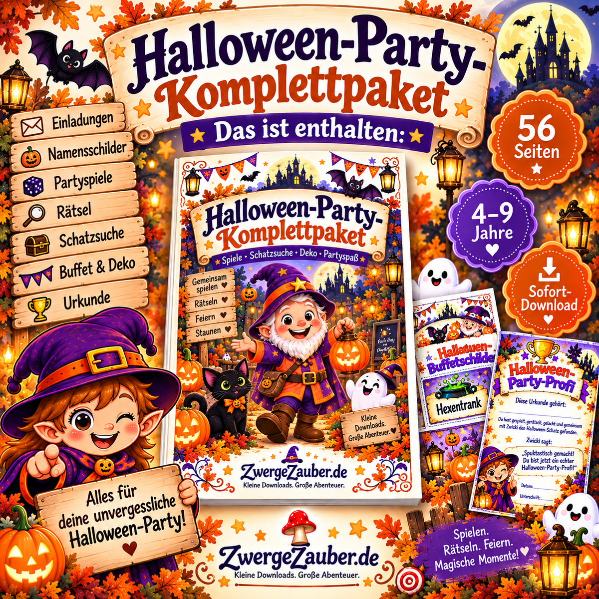 Inhalt des Halloween-Party-Komplettpakets mit Einladungen, Namensschildern, Partyspielen, Rätseln, Schatzsuche, Buffet-Deko und Urkunde